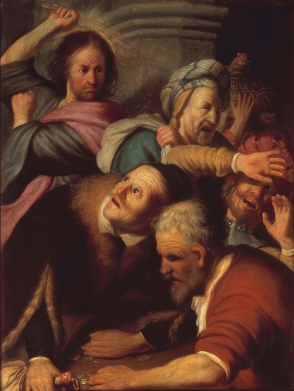 Jeesus ajaa rahanvaihtajat ulos temppelistä tekijältä Rembrandt van Rijn
