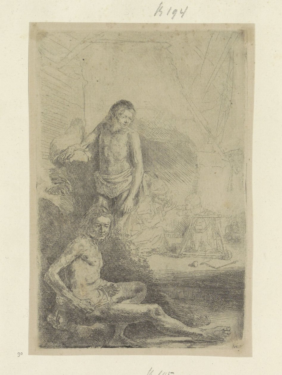 Nuori mies istuu ja seisoo Recueil de quatre-vingt-cinq estampes originales (sarjan nimi) tekijältä Rembrandt van Rijn