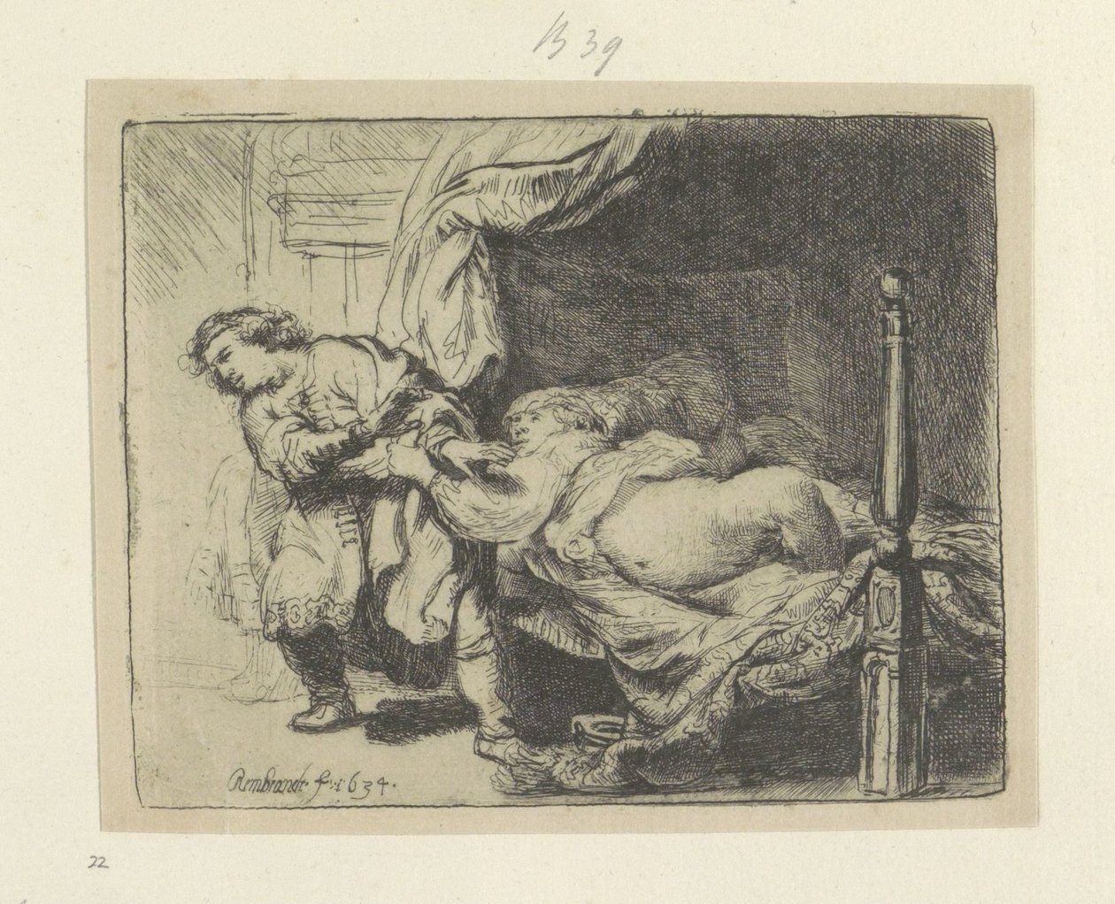 Jozef en de vrouw van Potifar Kokoelma kahdeksankymmentäviisi alkuperäistä vedosta (sarjan nimi) tekijältä Rembrandt van Rijn
