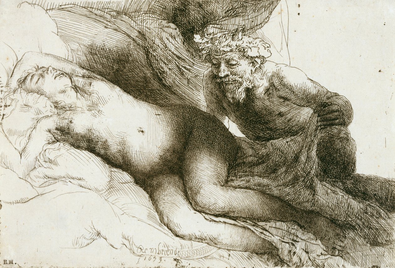 Jupiter ja Antiope, 1659 (etsaus hautaus- ja kuivakärkillä) tekijältä Rembrandt van Rijn