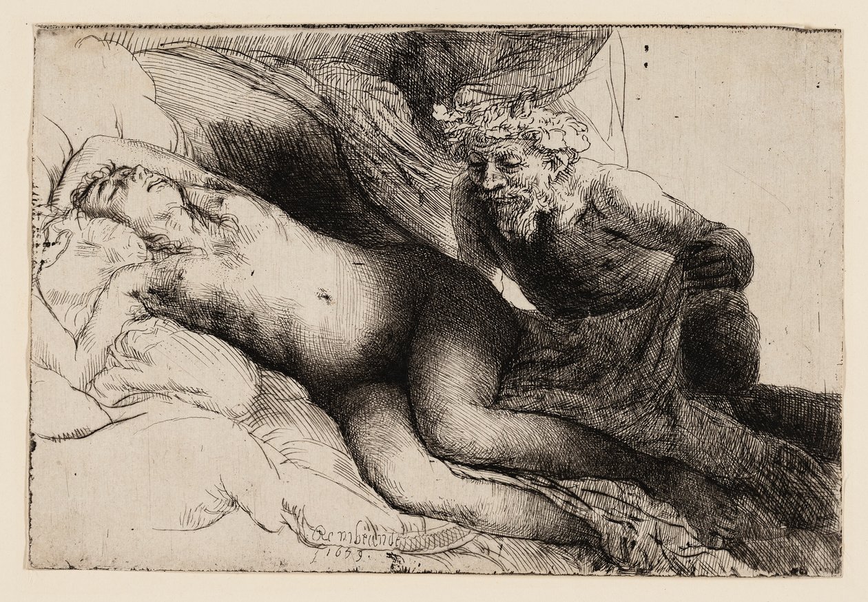 Jupiter ja Antiope: Isompi levy tekijältä Rembrandt van Rijn
