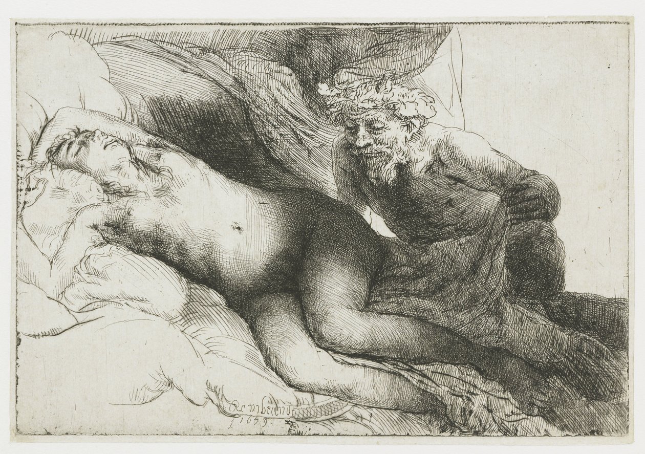 Jupiter ja Antiope: suurempi levy tekijältä Rembrandt van Rijn