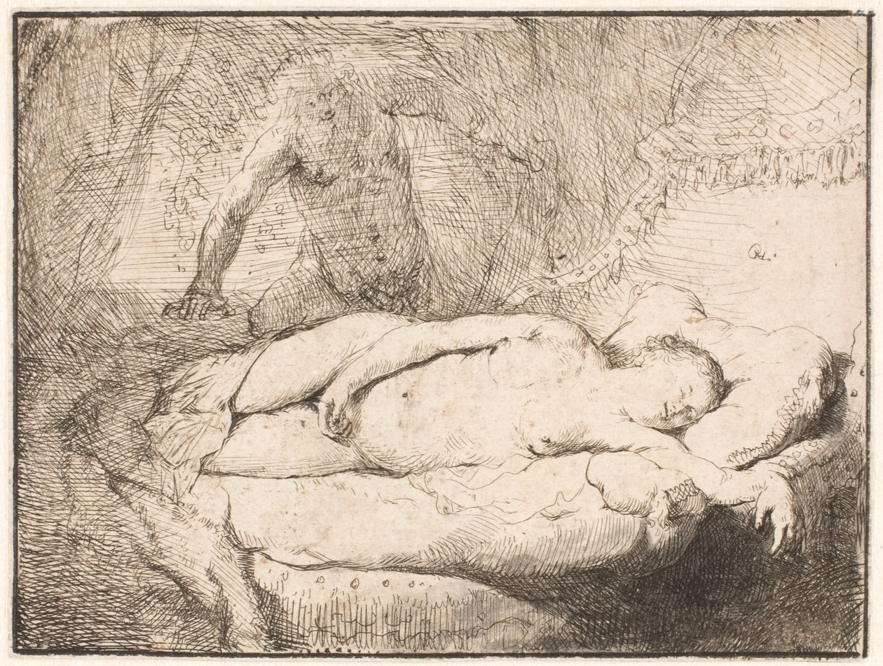 Jupiter ja Antiope: pienempi levy tekijältä Rembrandt van Rijn