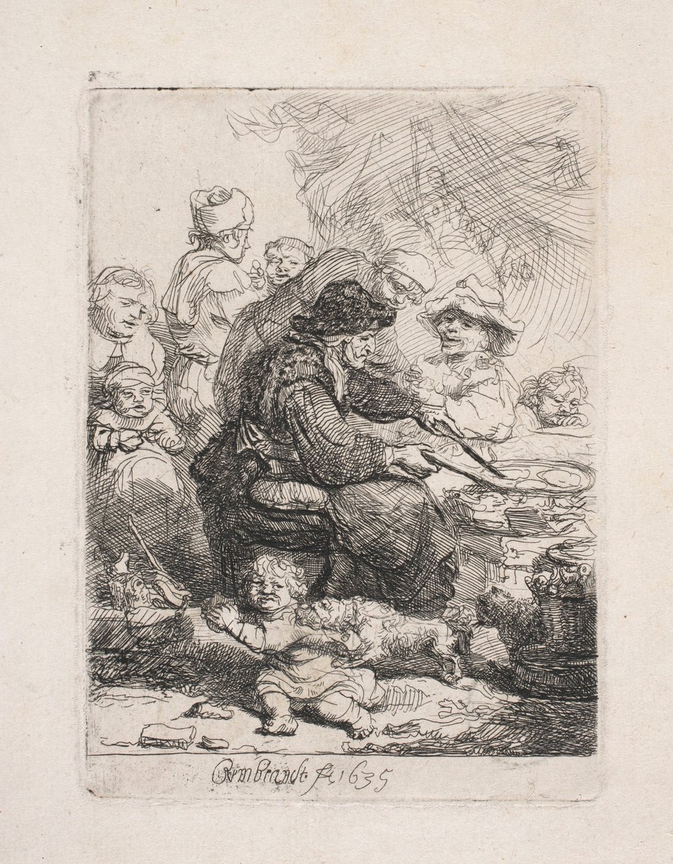 Nainen paistamassa pannukakkuja tekijältä Rembrandt van Rijn