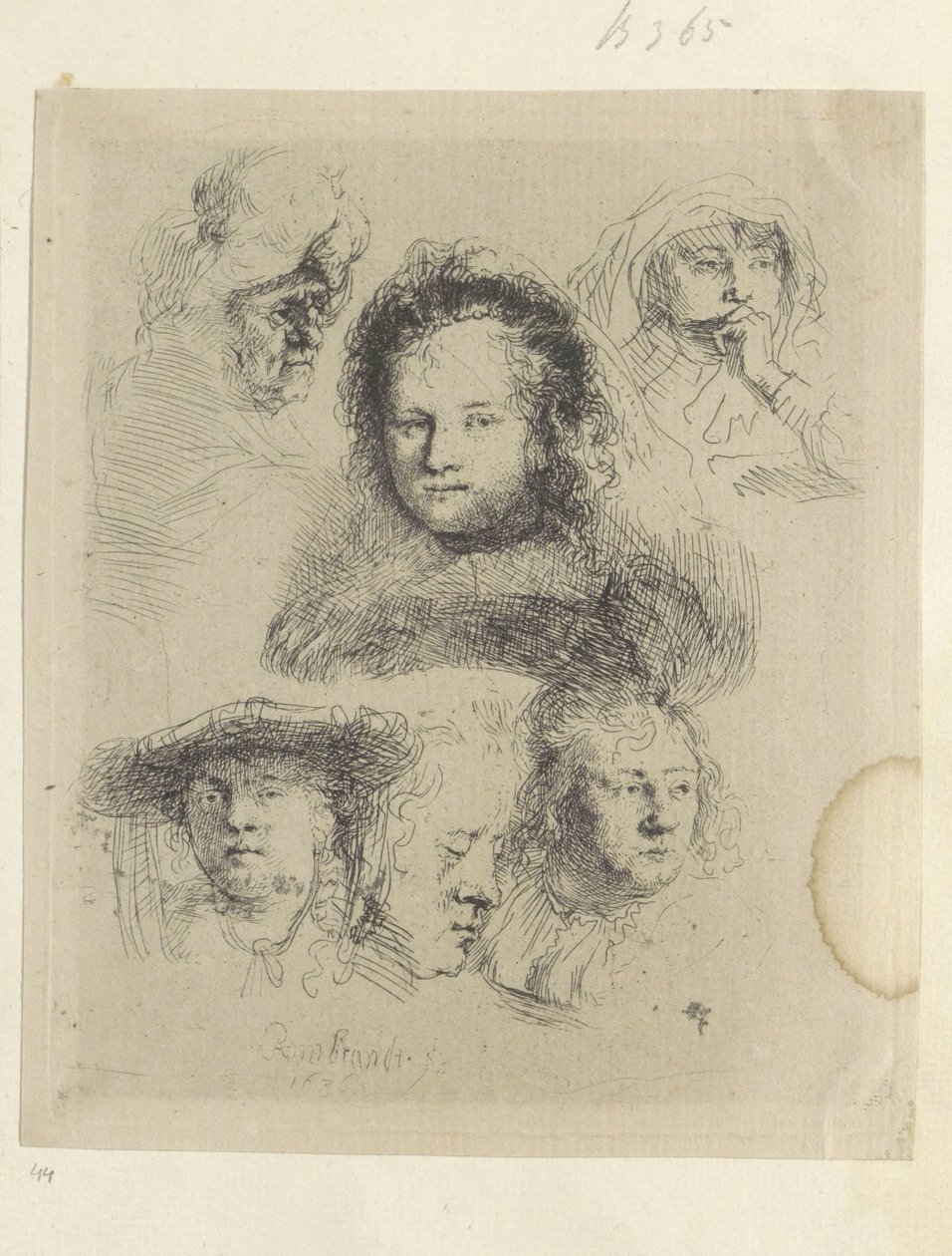 Kopstudies van Saskia en anderen Kokoelma kahdeksankymmentäviisi alkuperäistä vedosta (sarjan nimi) tekijältä Rembrandt van Rijn