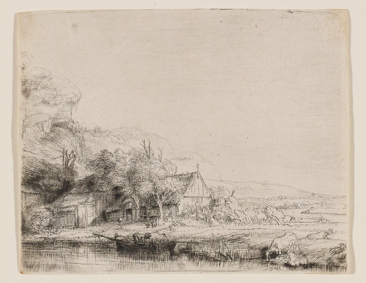Maisema, jossa lehmä juo tekijältä Rembrandt van Rijn