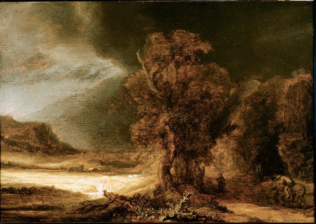 Maisema laupiaasta samarialaiselta Harmenszoon van Rijn dit Rembrandtin (1606-1669) maalaus 1638 su. 46,5x66 cm Czartoryski-museo, Krakova, Puola tekijältä Rembrandt van Rijn