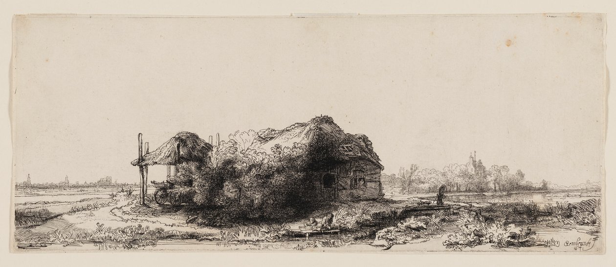 Maisema mökeillä ja heinänavetta: pitkulainen tekijältä Rembrandt van Rijn