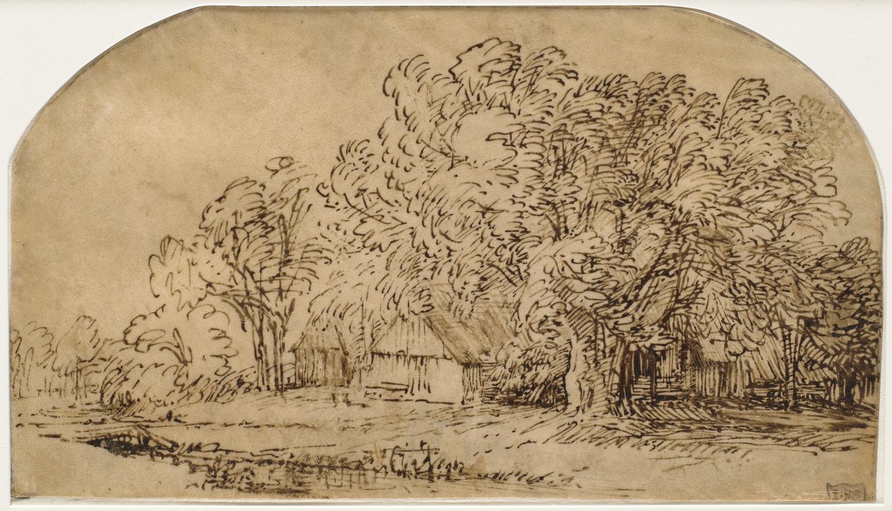 Maisema mökeillä korkeiden puiden alla ("The Puff of Wind") tekijältä Rembrandt van Rijn