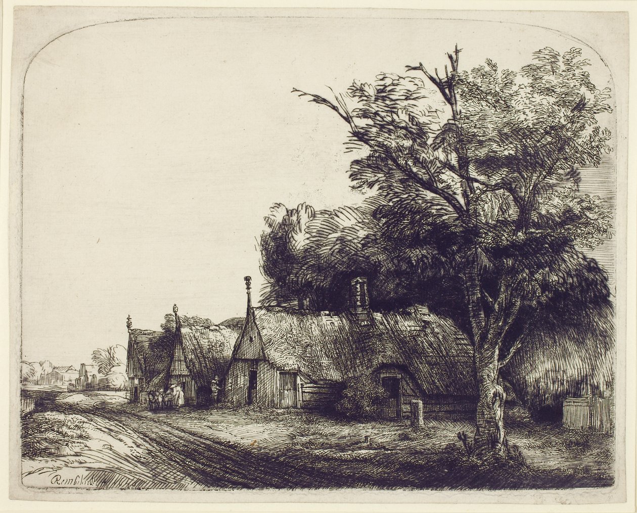 Maisema päätymökeillä tien varrella, 1650 (etsaus ja kuivapuikko paperille) tekijältä Rembrandt van Rijn