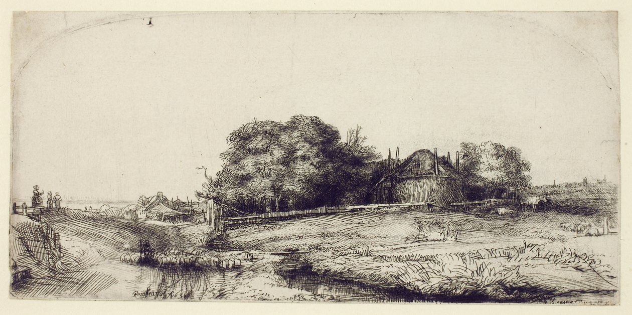 Maisema heinäparun ja lammaslauman kanssa, n. 1652 (etsaus ja kuivakärki paperille) tekijältä Rembrandt van Rijn
