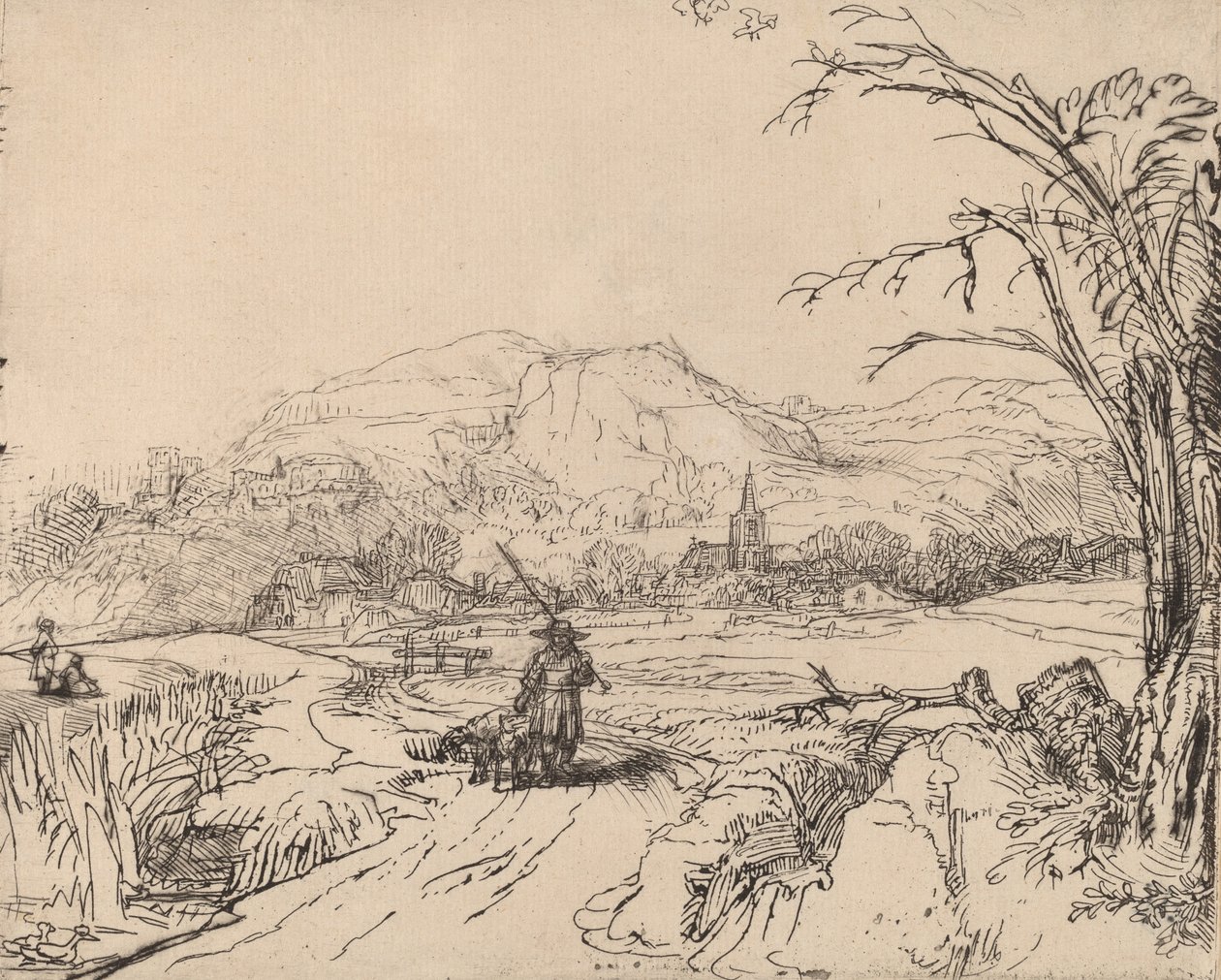 Maisema urheilijan ja koiran kanssa, c. 1653. tekijältä Rembrandt van Rijn