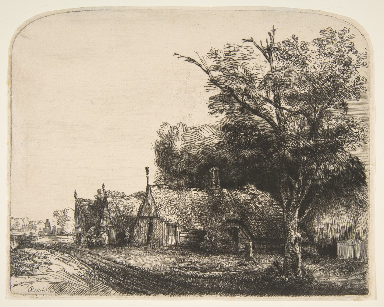 Maisema, jossa on kolme päätymökkiä tien varrella, 1650. tekijältä Rembrandt van Rijn