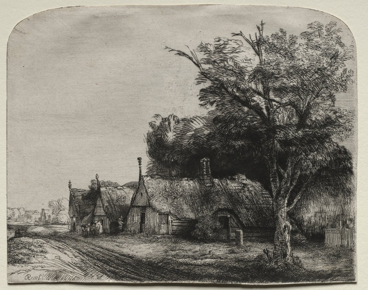Maisema, jossa on kolme päätymajaa tien varrella tekijältä Rembrandt van Rijn
