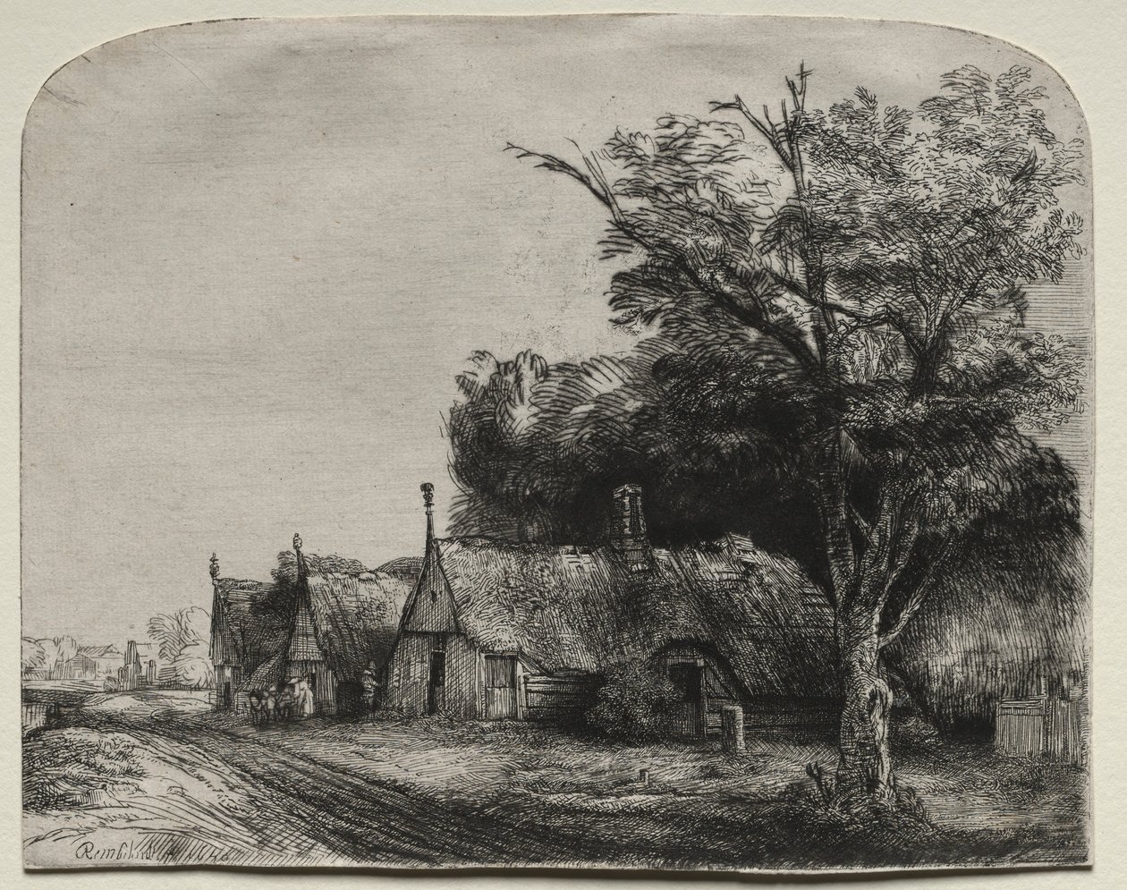 Maisema, jossa on kolme päätymajaa tien varrella, 1650. tekijältä Rembrandt van Rijn