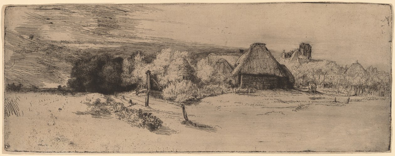 Maisema puita, maatilarakennuksia ja tornia tekijältä Rembrandt van Rijn