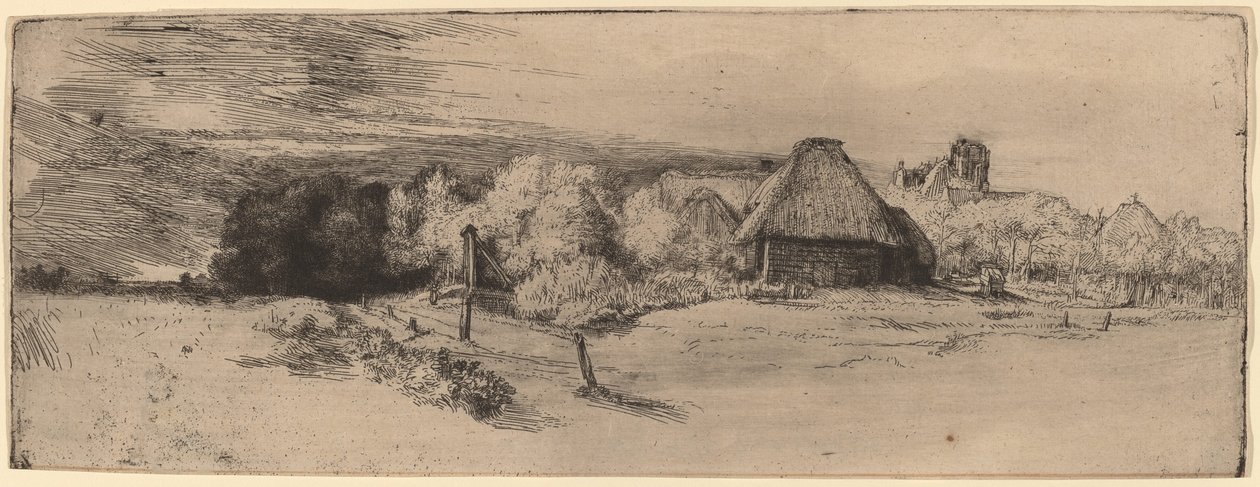 Maisema puita, maatilarakennuksia ja tornia tekijältä Rembrandt van Rijn