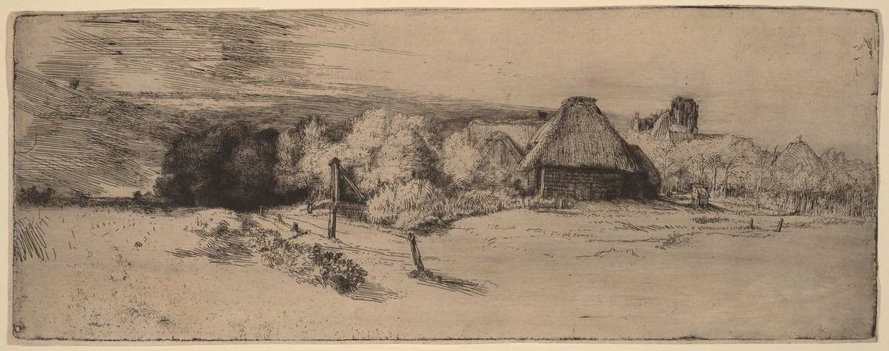 Maisema, jossa on puita, maatilarakennuksia ja torni tekijältä Rembrandt van Rijn