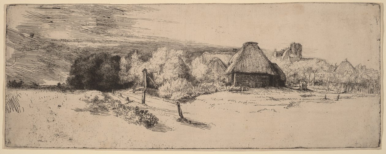 Maisema, jossa on puita, maatilarakennuksia ja torni tekijältä Rembrandt van Rijn