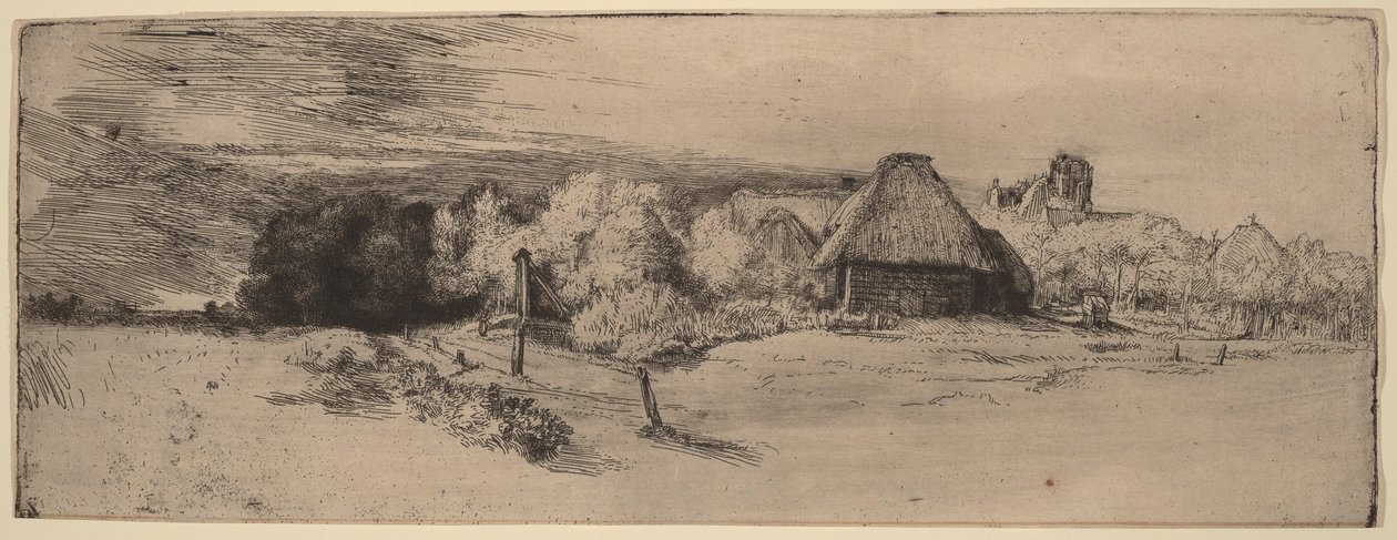 Maisema, jossa on puita, maatilarakennuksia ja torni tekijältä Rembrandt van Rijn