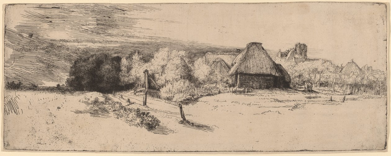Maisema puita, maatilarakennuksia ja tornia, c. 1651. tekijältä Rembrandt van Rijn