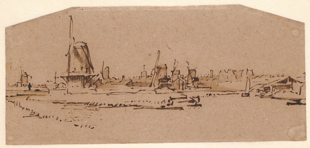 Maisema tuulimyllyillä kanavalla Amsterdamista länteen tekijältä Rembrandt van Rijn