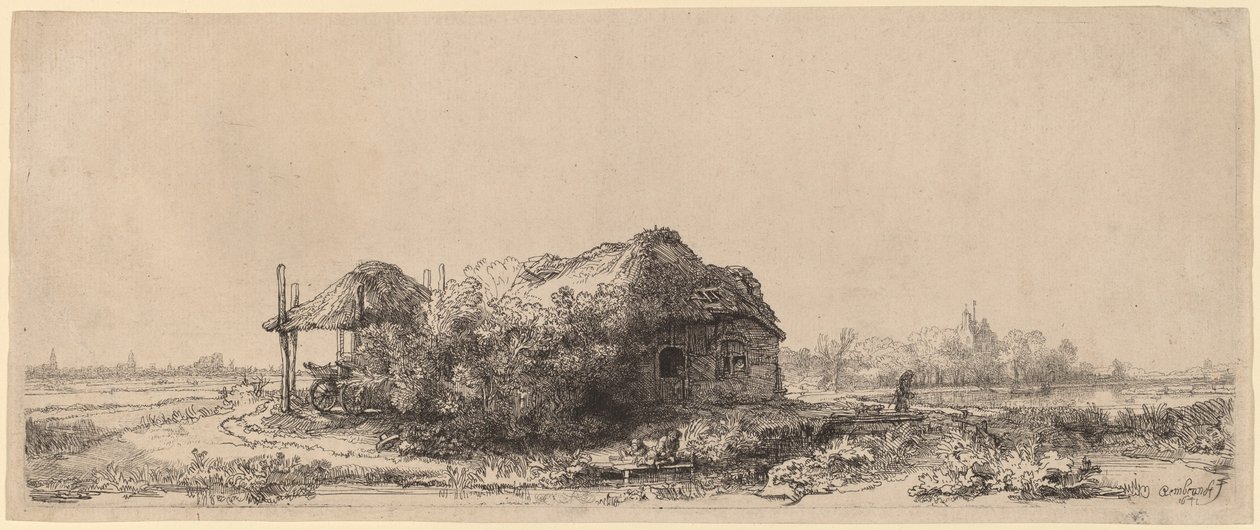 Maisema mökillä ja heinänavetta: pitkulainen tekijältä Rembrandt van Rijn