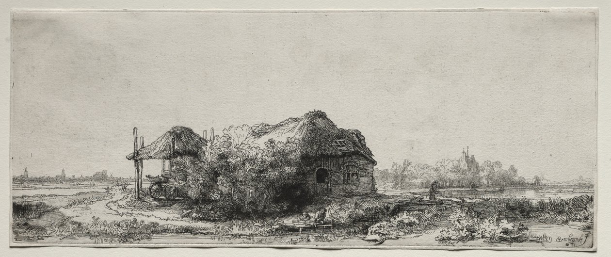 Maisema mökillä ja heinänavetta: pitkulainen tekijältä Rembrandt van Rijn