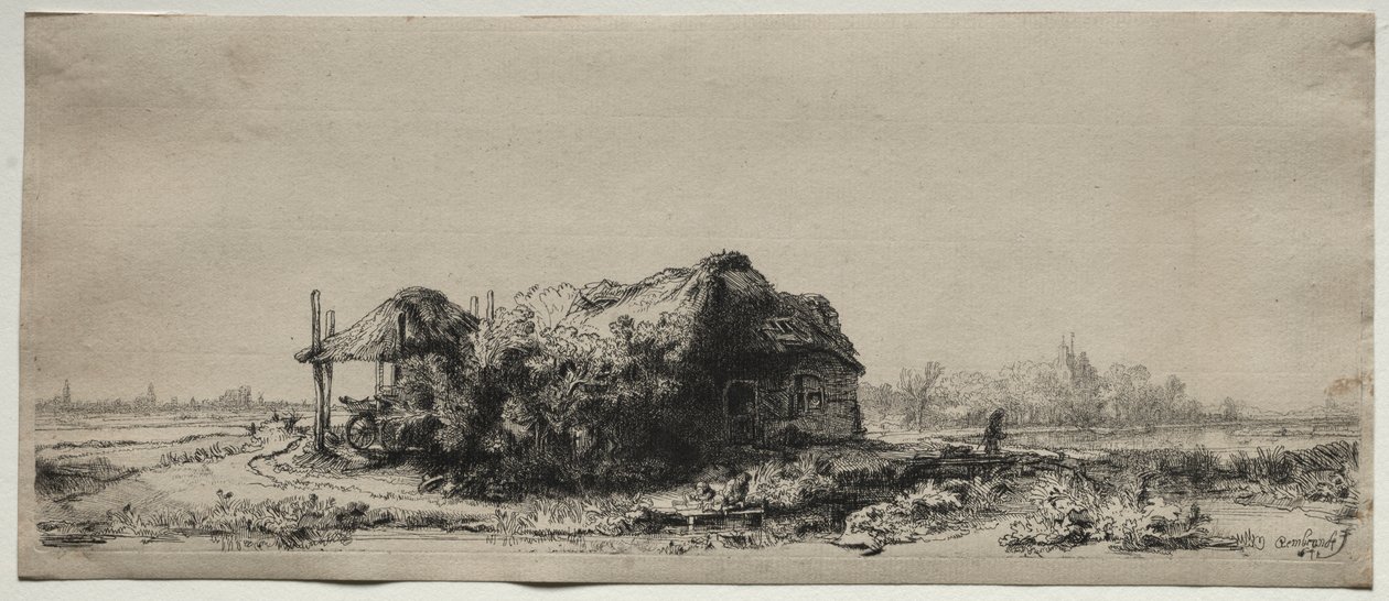 Maisema mökillä ja heinänavetta: pitkulainen tekijältä Rembrandt van Rijn