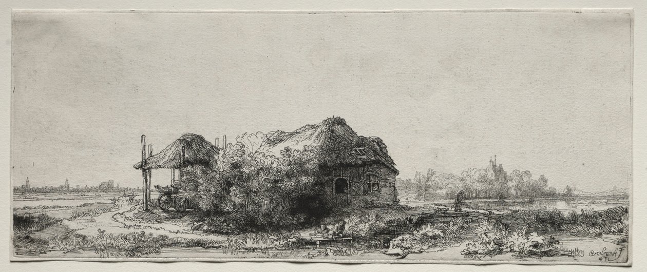 Maisema mökillä ja heinänavetta: Pitkät, 1641. tekijältä Rembrandt van Rijn