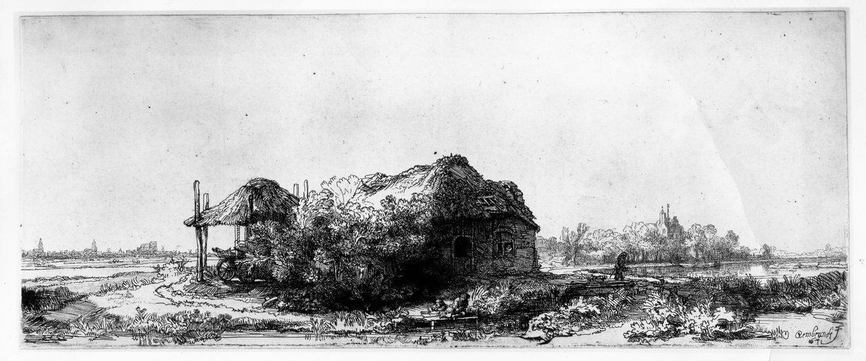 James Brethertonin kaiverrettu maisema mökillä ja haybarilla tekijältä Rembrandt van Rijn