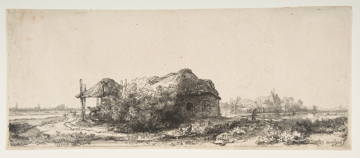 Maisema mökillä ja heinäparrulla, 1641. tekijältä Rembrandt van Rijn