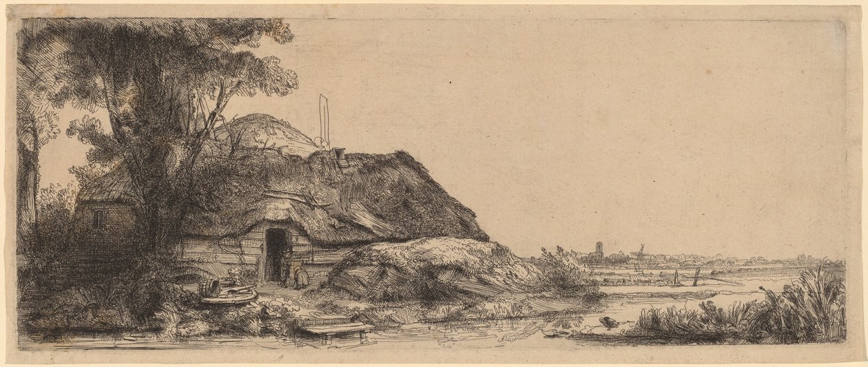Maisema mökillä ja suurella puulla tekijältä Rembrandt van Rijn