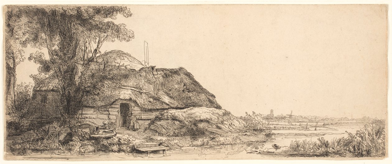 Maisema mökillä ja suurella puulla tekijältä Rembrandt van Rijn