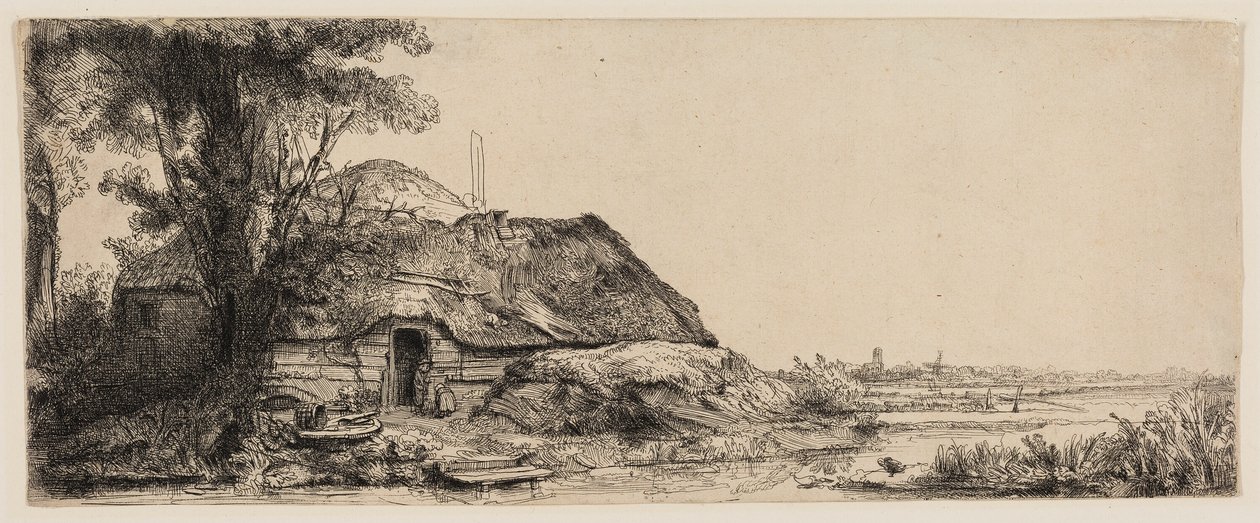 Maisema mökillä ja suurella puulla tekijältä Rembrandt van Rijn