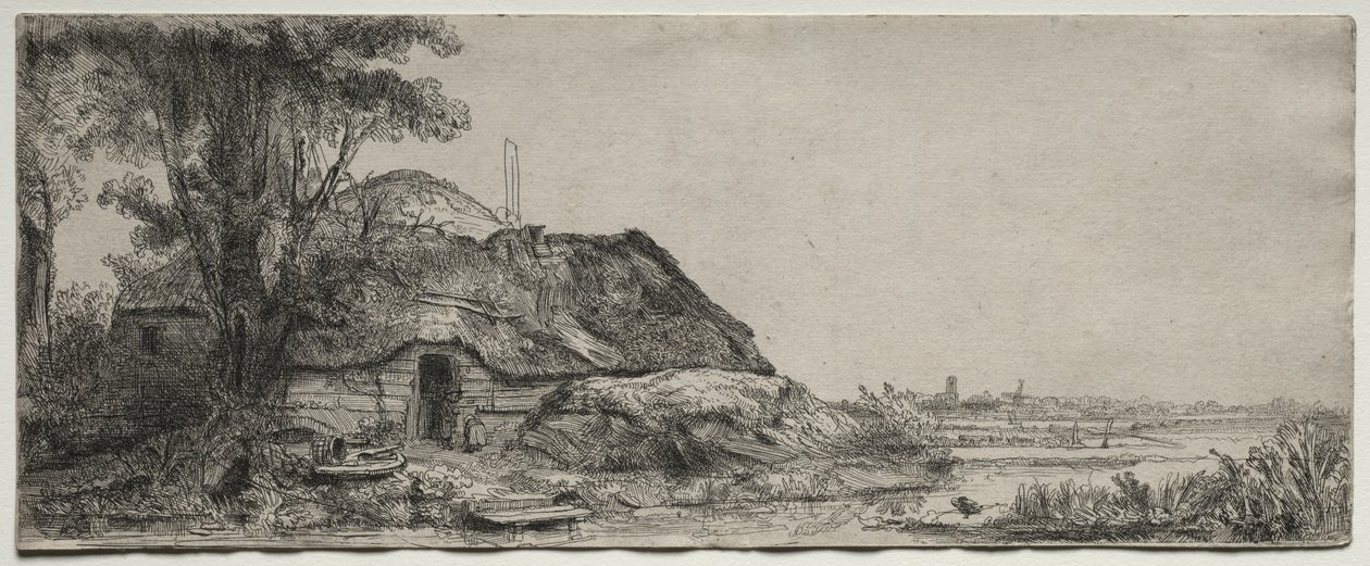 Maisema mökillä ja suurella puulla tekijältä Rembrandt van Rijn