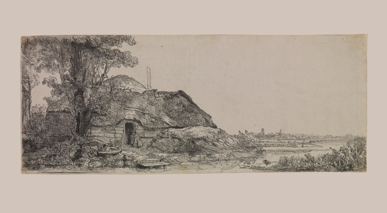Maisema mökillä ja suurella puulla tekijältä Rembrandt van Rijn