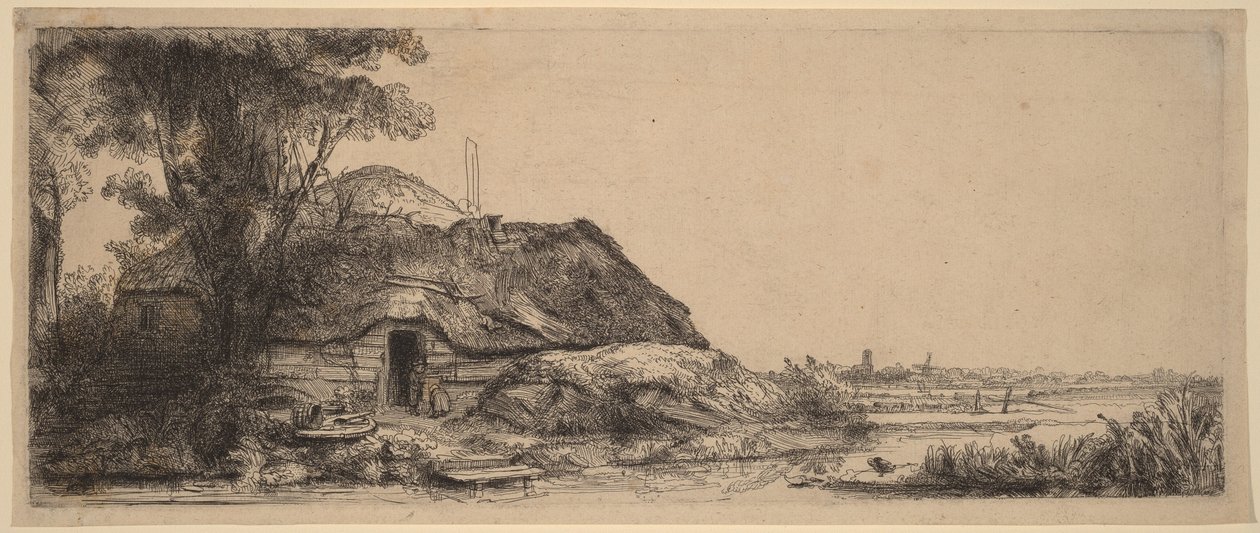 Maisema, jossa on mökki ja suuri puu tekijältä Rembrandt van Rijn