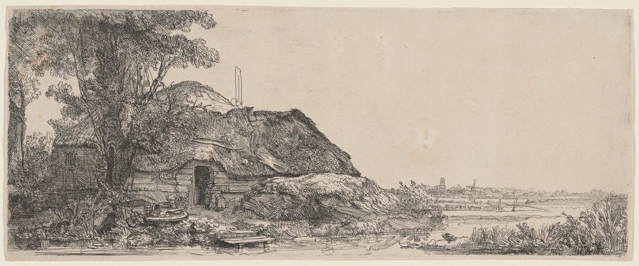 Maisema, jossa on mökki ja suuri puu tekijältä Rembrandt van Rijn