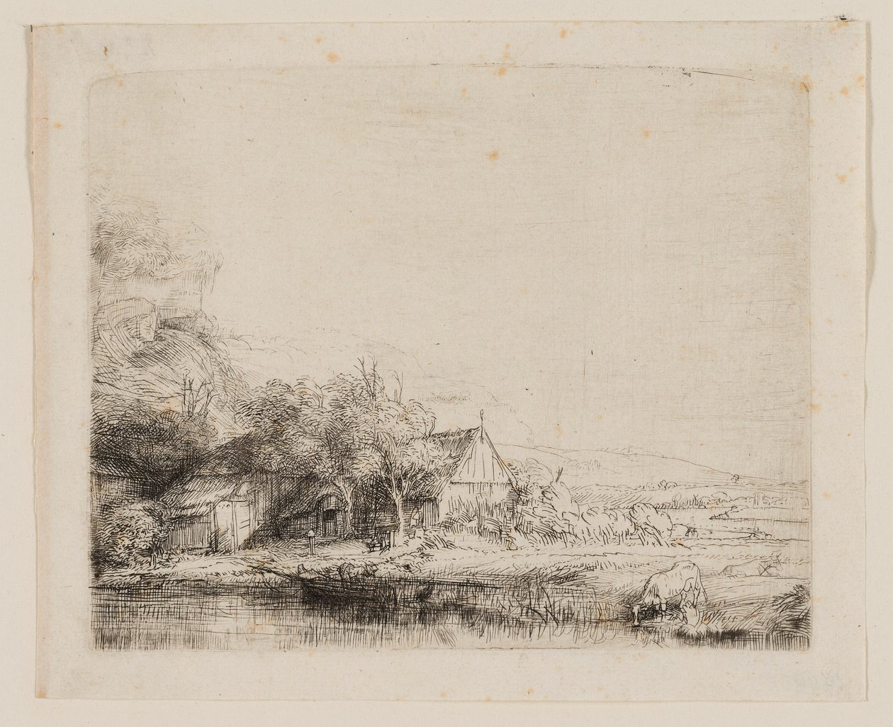 Maisema, jossa lehmä juo tekijältä Rembrandt van Rijn
