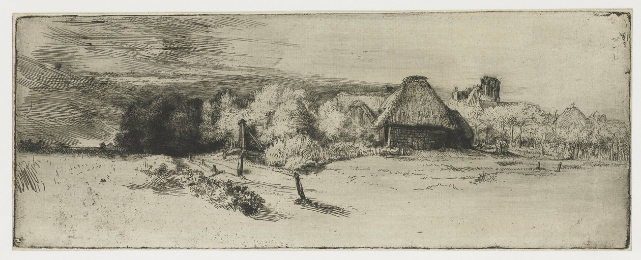Maisema, jossa on maatilarakennus ja talo tornilla Maisema, jossa on maatilarakennus ja "talo tornilla" tekijältä Rembrandt van Rijn