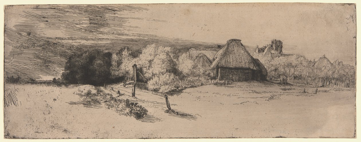 Paisatge amb un edifici agrícola i la "Casa amb la Torre" finlandès tekijältä Rembrandt van Rijn