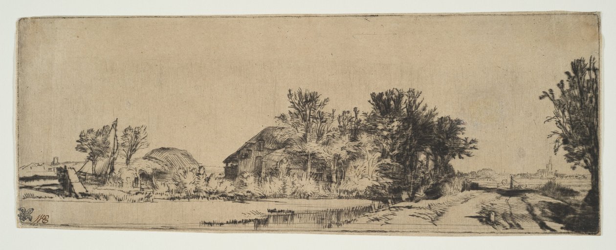 Maisema, jossa maalaistalo tien varrella kanavan vieressä, n. 1652. tekijältä Rembrandt van Rijn