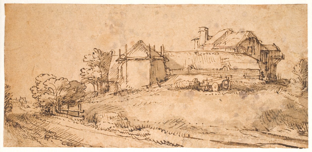 Maisema, jossa maalaistalo ja heinänavetta tekijältä Rembrandt van Rijn
