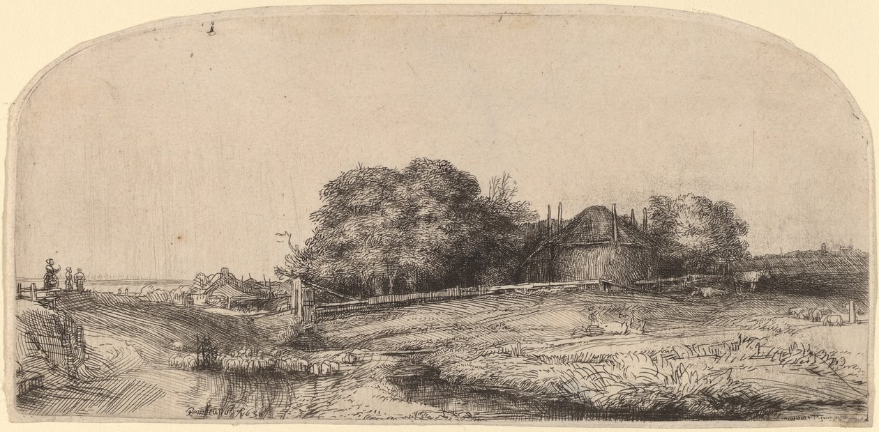 Maisema heinänavetta ja lammaslauma tekijältä Rembrandt van Rijn