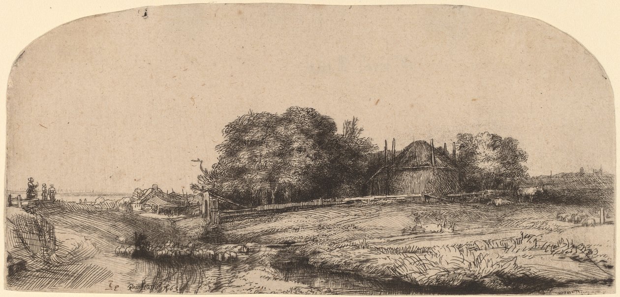 Maisema heinänavetta ja lammaslauma tekijältä Rembrandt van Rijn