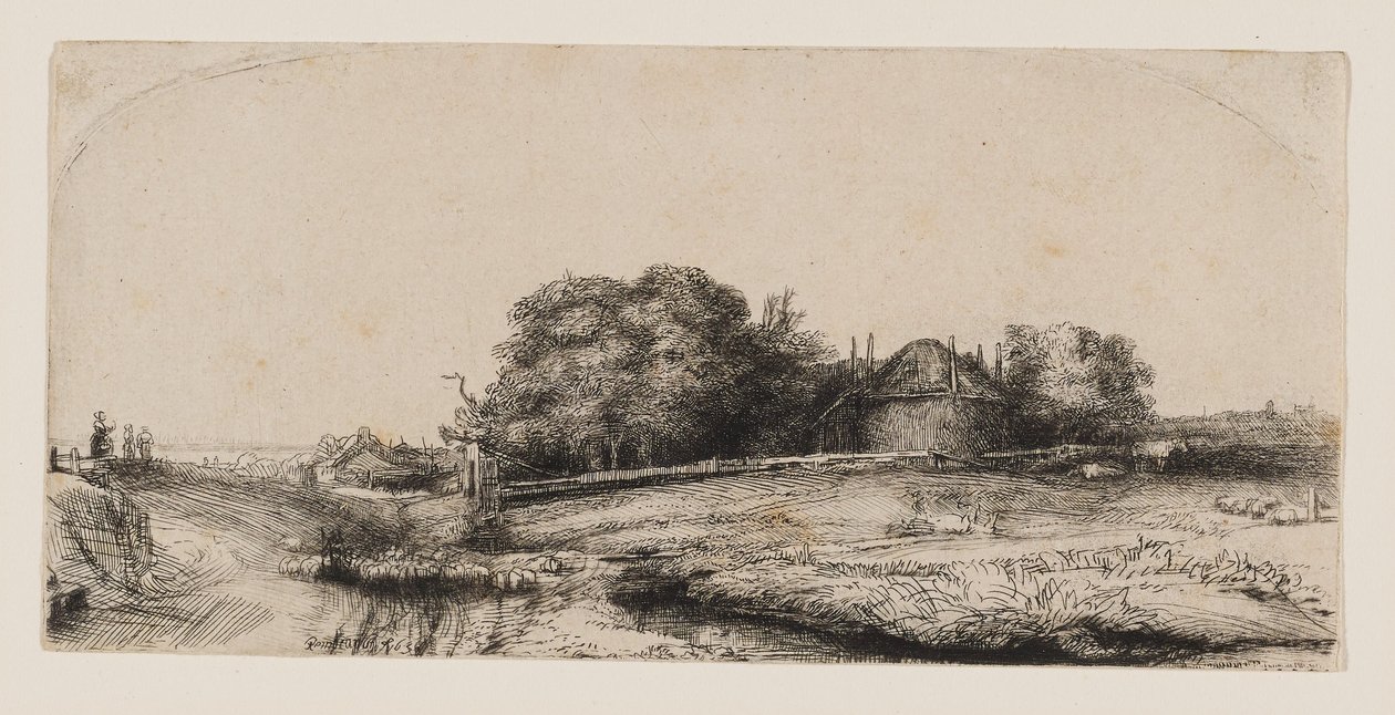 Maisema, jossa on heinävarasto ja lammaslauma tekijältä Rembrandt van Rijn