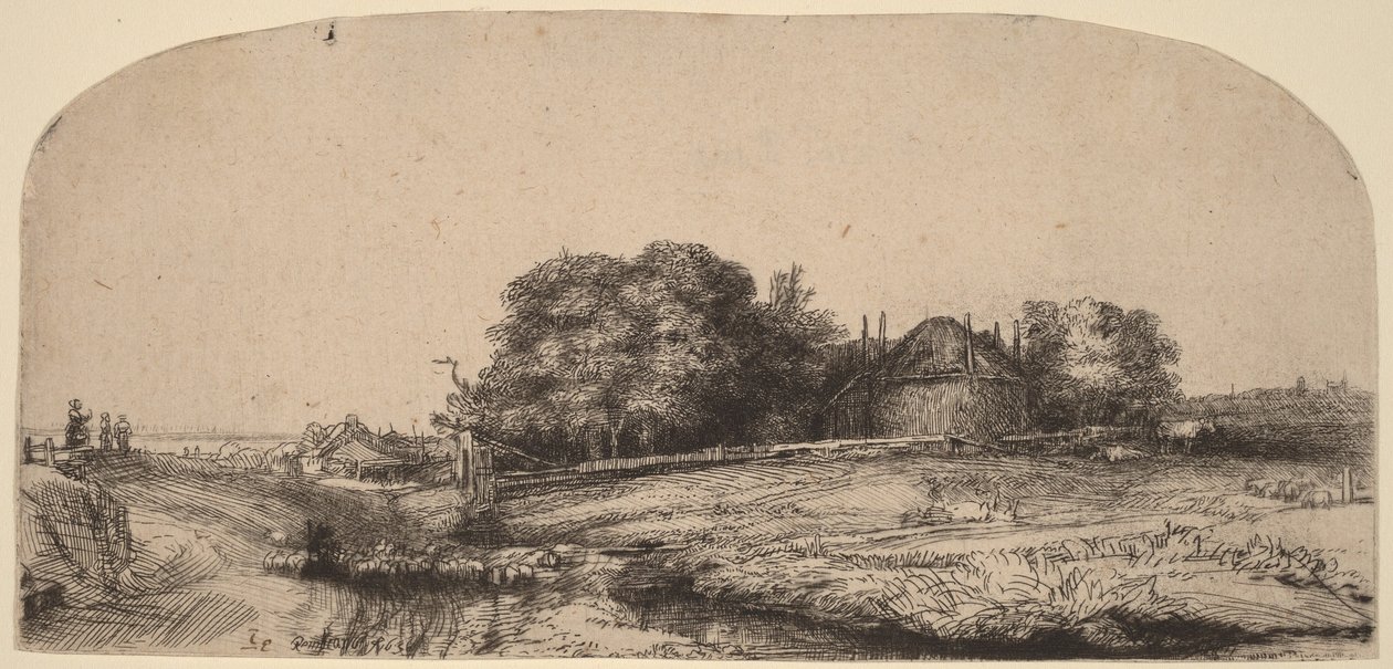 Maisema, jossa on heinävarasto ja lammaslauma tekijältä Rembrandt van Rijn