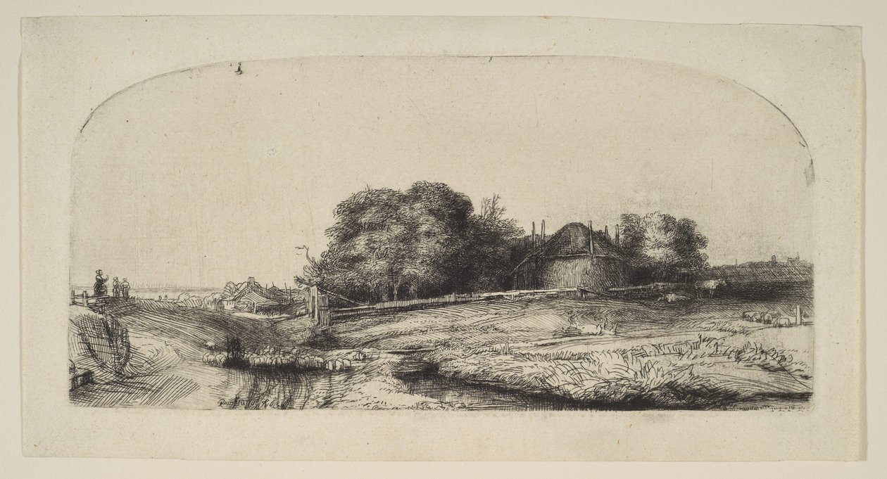 Maisema heinänavetta ja lammaslauma, 1652. tekijältä Rembrandt van Rijn