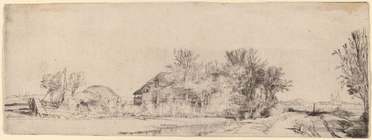 Maisema tiellä kanavan vieressä tekijältä Rembrandt van Rijn